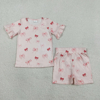 Sibling Baby Girls Kids Short Sleeves Flower Bows Goose Shirts Shorts Sets Pajamas Clothes