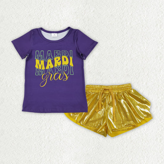 Baby Girls Purple Short Sleeves Mardi Gras Shirt Yellow Leather Ruffle Shorts Clothes Set