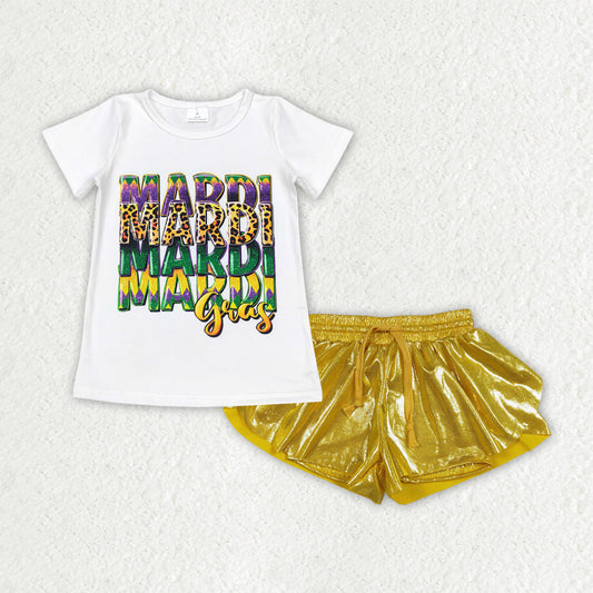 Baby Girls Short Sleeves Mardi Gras Shirt Yellow Leather Ruffle Shorts Clothes Set