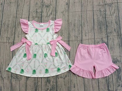 RTS Baby Girls Kids Short Sleeves Golf Floral Bows Tunic Pink Shorts Clothes Set