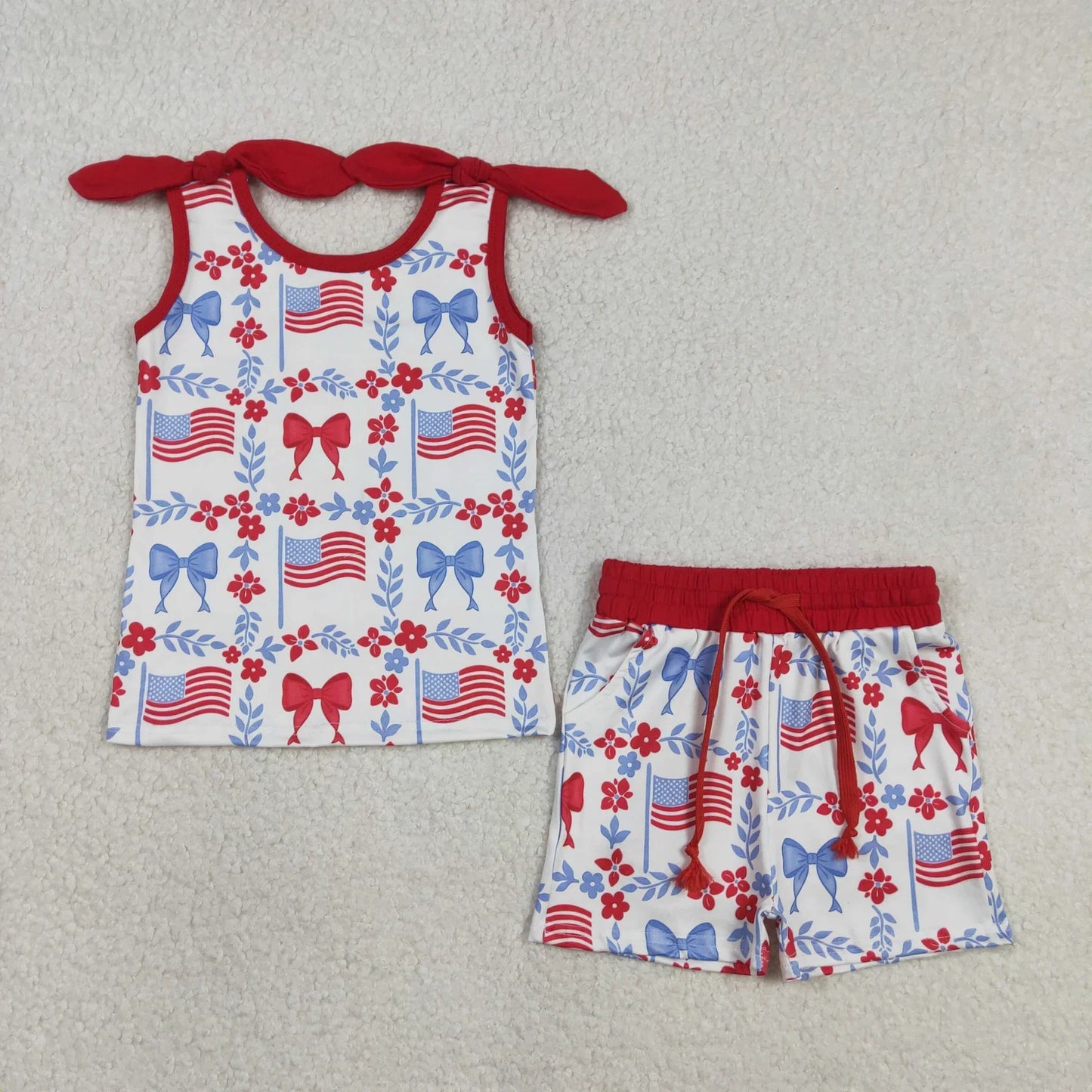 RTS Sibling Baby Girls Kids Sleeveless Flags Bows Flower Shorts Dress Set 4th of July Clothes