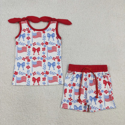 RTR Sibling Baby Girls Kids Sleeveless Flags Bows Flower Shorts Dress Sets 4th of July Clothes
