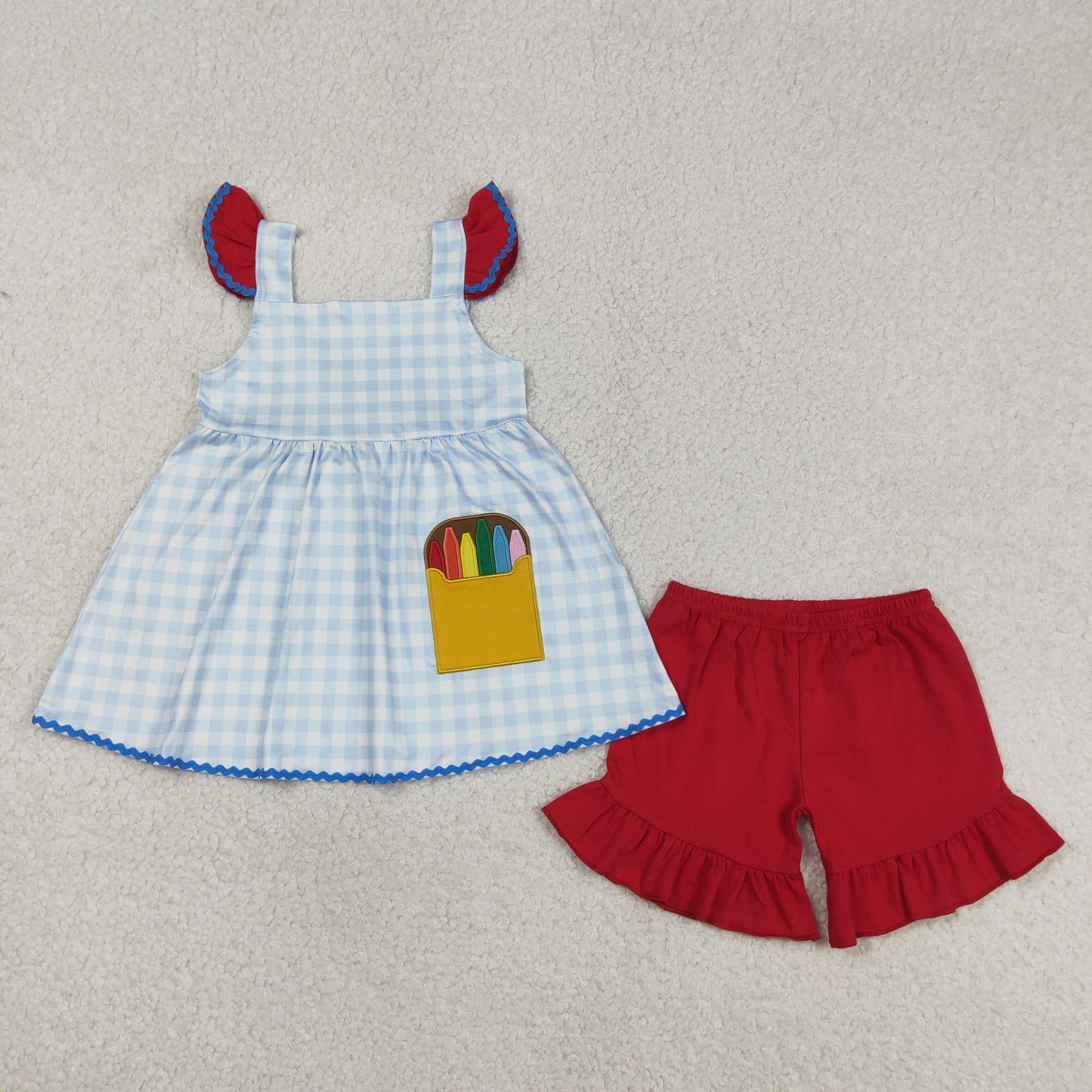 USA Shop Baby Girls Embroidery Pencil Plaid Tunic Ruffle Shorts Set Back to School Clothes