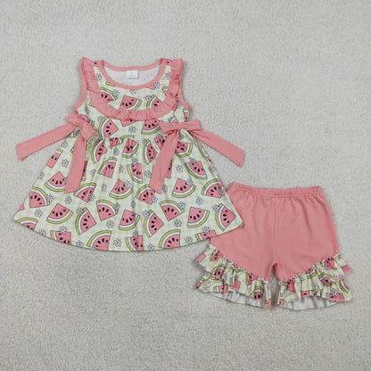 RTS Sibling Baby Girls Kids Sleeveless Watermelon Flower Bows Romper Set Summer Clothes
