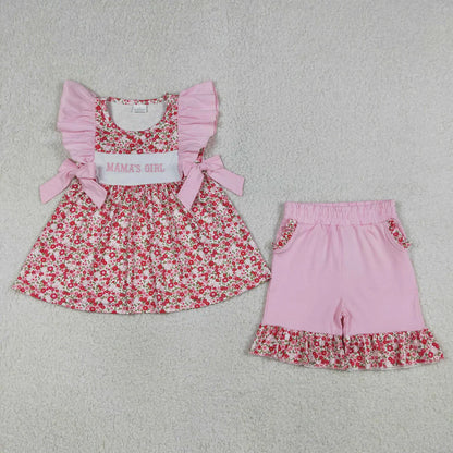 Sibling Baby Girls Kids Short Sleeves Embroidery Mama's Girl Flower Tops Pink Shorts Sets