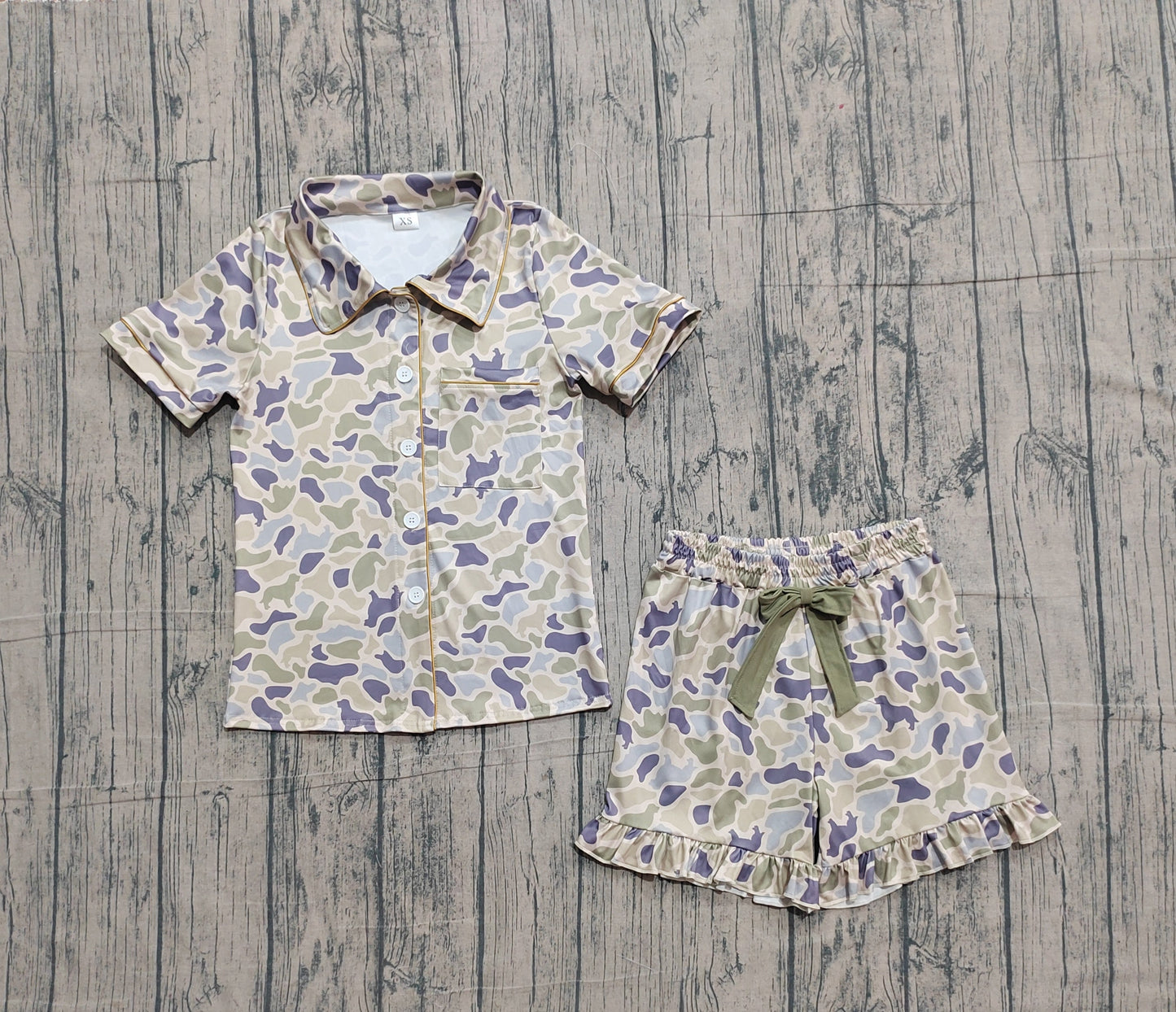 RTS Adult Women Short Sleeves Dogs Camo Buttons Shirt Bows Shorts Pajamas Clothes Set