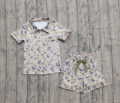 RTS Adult Women Short Sleeves Dogs Camo Buttons Shirt Bows Shorts Pajamas Clothes Set