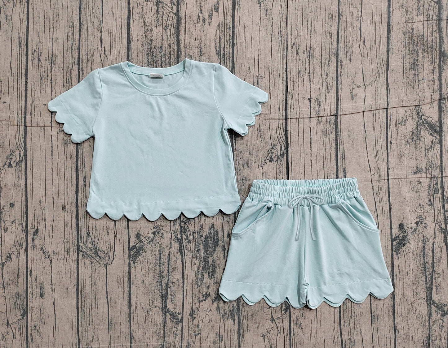RTS Baby Girls Kids Short Sleeves Blue Shirt Scallop Shorts Girls Summer Clothes Set