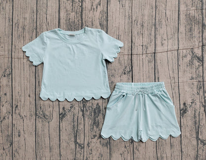 RTS Baby Girls Kids Short Sleeves Blue Shirt Scallop Shorts Girls Summer Clothes Set