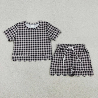 RTS Sibling Baby Girls Kids Short Sleeves Plaid Tops Scallop Shorts Sets Summer Clothes