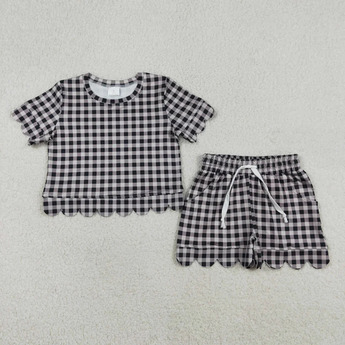 RTS Sibling Baby Girls Kids Short Sleeves Plaid Tops Scallop Shorts Outfits Summer Clothes