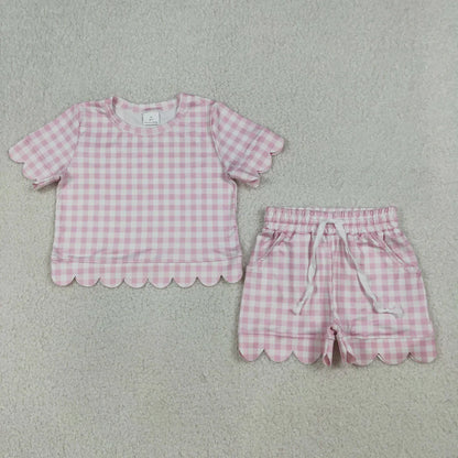 RTS Sibling Baby Girls Kids Short Sleeves Plaid Tops Scallop Shorts Outfits Summer Clothes