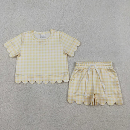 RTS Sibling Baby Girls Kids Short Sleeves Plaid Tops Scallop Shorts Outfits Summer Clothes