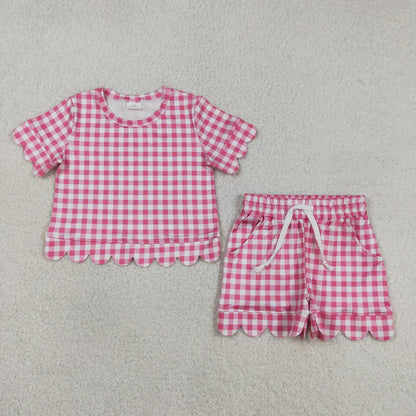 RTS Sibling Baby Girls Kids Short Sleeves Plaid Tops Scallop Shorts Sets Summer Clothes