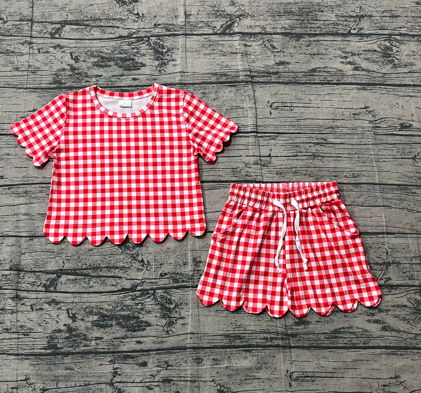 Baby Girls Kids Short Sleeves Plaid Shirt Scallop Shorts Red Clothes Set RTS