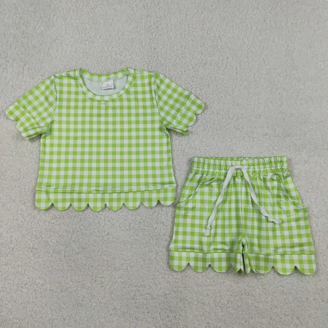 RTS Sibling Baby Girls Kids Short Sleeves Plaid Tops Scallop Shorts Outfits Summer Clothes