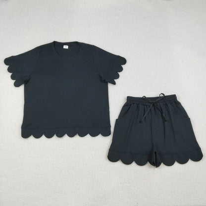 RTS Sibling Adult Women Short Sleeves Scallop Shirts Shorts Pajamas Cotton Clothes Woman Sets