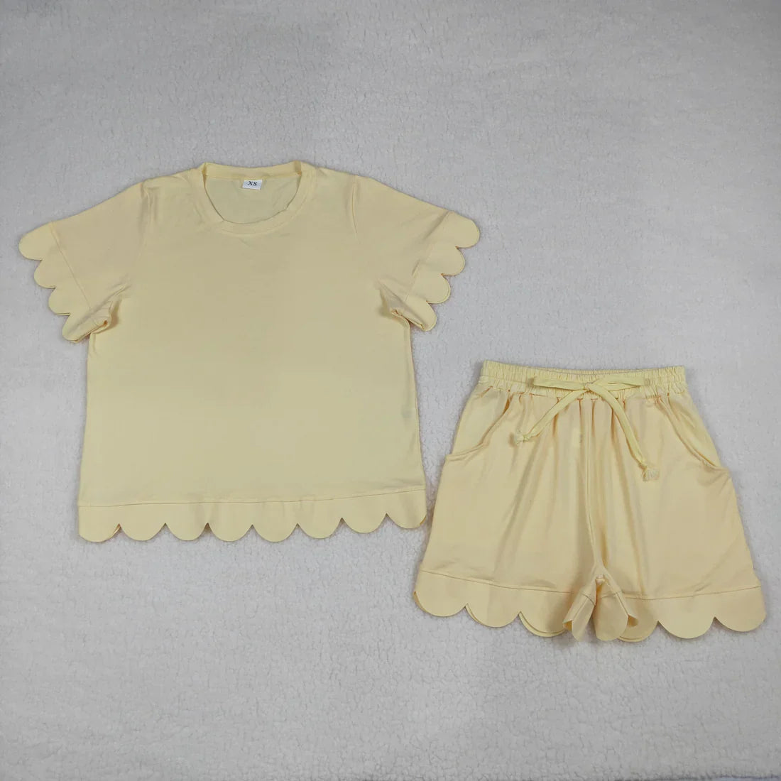 RTS Sibling Baby Girls Adult Women Short Sleeves Yellow Cotton Shirts Shorts Scallop Sets Summer Clothes