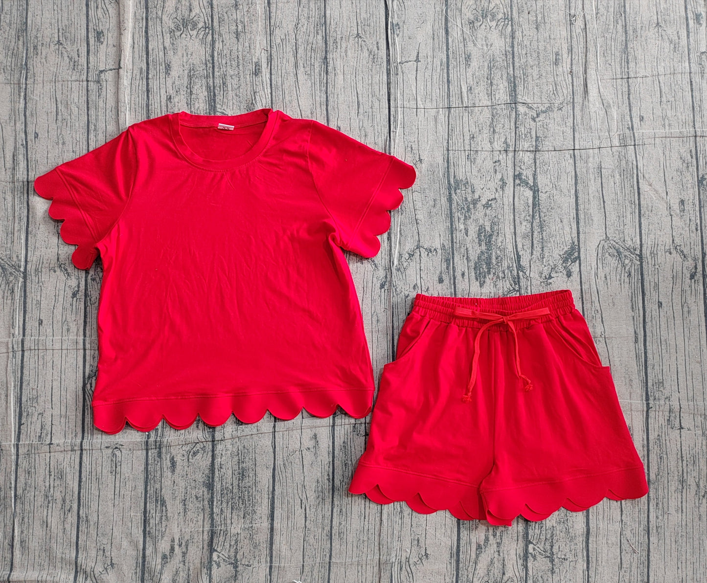RTS Adult Women Red Short Sleeves Scallop Shirt Shorts Pajamas Clothes Set