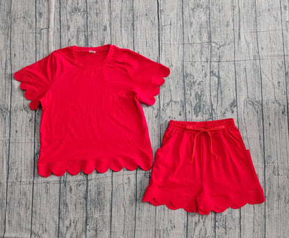RTS Adult Women Red Short Sleeves Scallop Shirt Shorts Pajamas Clothes Set