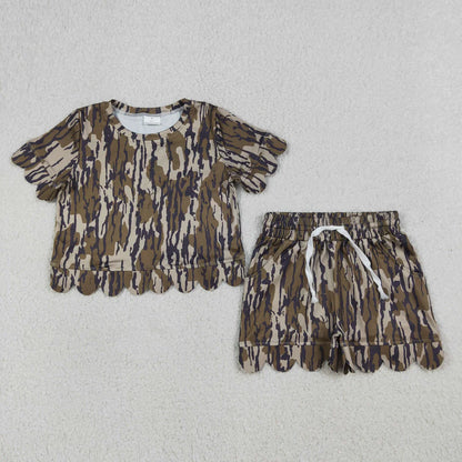 RTS Sibling Baby Girls Adult Women Short Sleeves Camo Shirts Shorts Scallop Sets Summer Clothes