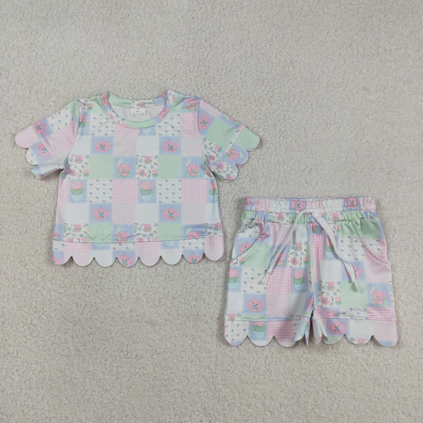 USA Shop Baby Girls Kids Short Sleeves Flower Plaid Shirt Pockets Shorts Set Scallop Clothes