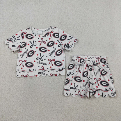 RTS Sibling Baby Girls Kids Short Sleeves Bows Team Shirts Pockets Shorts Sets Scallop Clothes