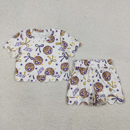 RTS Sibling Baby Girls Kids Short Sleeves Bows Team Shirts Pockets Shorts Sets Scallop Clothes