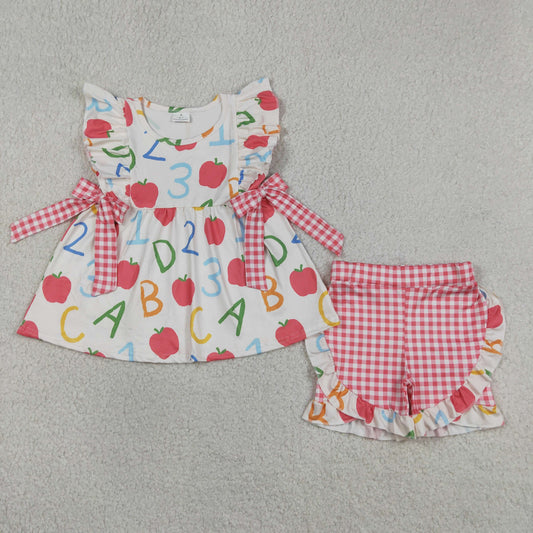 Sibling Baby Boys Girls Kids Short Sleeves Apple Tops Red Plaid Shorts Sets Back to School Clothes