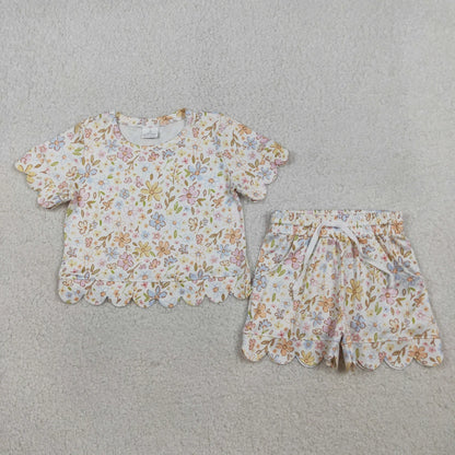 Sibling Baby Girls Kids Short Sleeves Flower Scallop Shirts Shorts Summer Sets Clothes