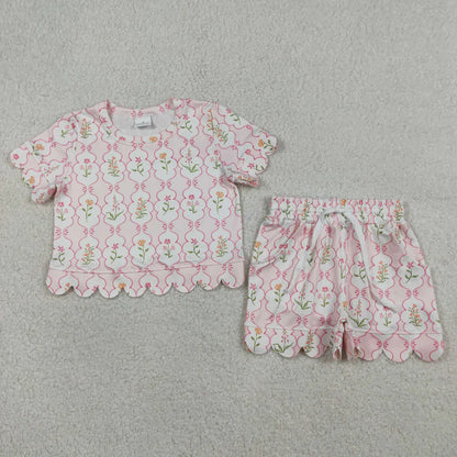 RTS Sibling Baby Girls Kids Short Sleeves Flower Scallop Shirts Shorts Summer Sets Clothes