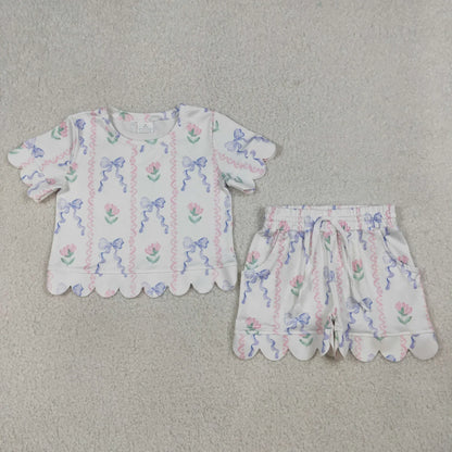 Sibling Baby Girls Kids Short Sleeves Flower Scallop Shirts Shorts Summer Sets Clothes