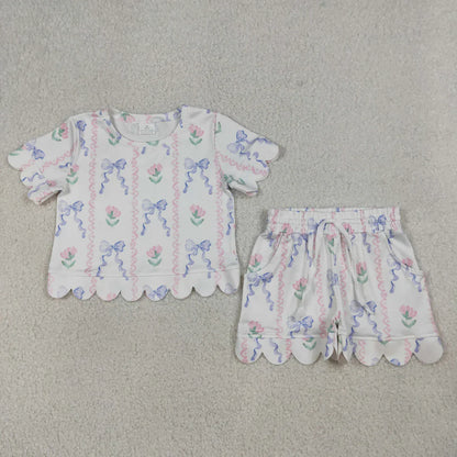 Sibling Baby Girls Adult Women Short Sleeves Flower Shirts Shorts Scallop Sets Summer Clothes