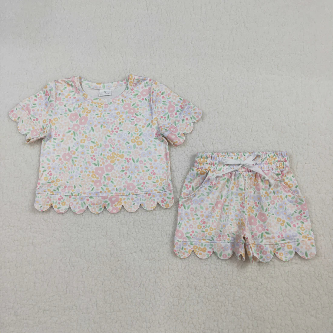 RTS Sibling Baby Girls Kids Short Sleeves Flower Scallop Shirts Shorts Summer Sets Clothes
