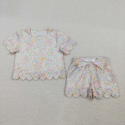 RTS Sibling Baby Girls Kids Short Sleeves Flower Scallop Shirts Shorts Summer Sets Clothes