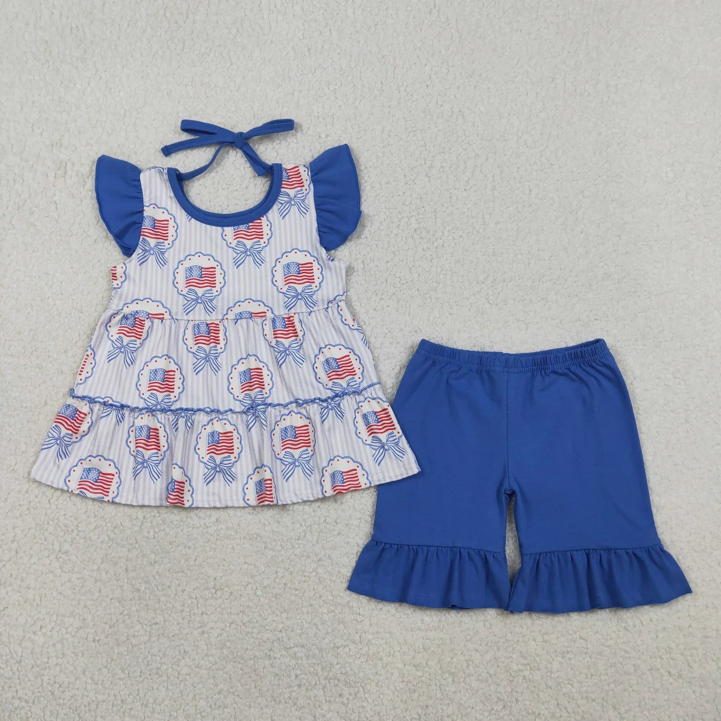 Sibling Baby Girls Kids Bows Flags Tops Blue Shorts Set Romper 4th of July Clothes