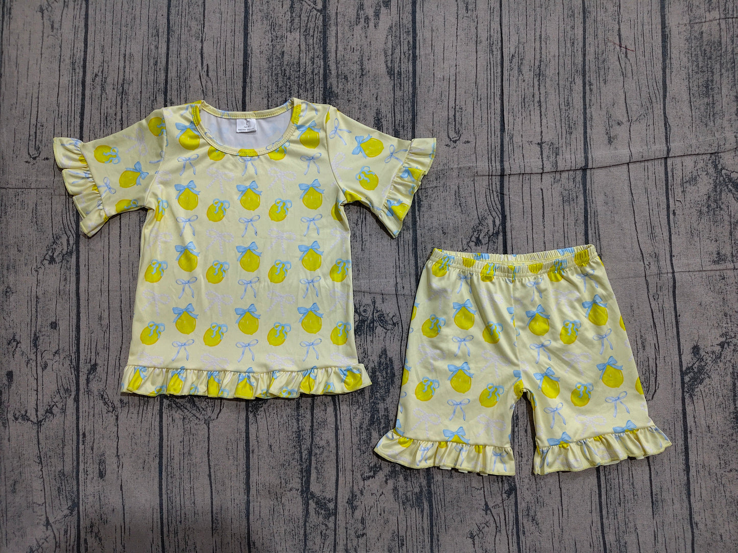 Preorder Baby Girls Kids Short Sleeves Lemons Bows Yellow Shirt Shorts Summer Clothes Set