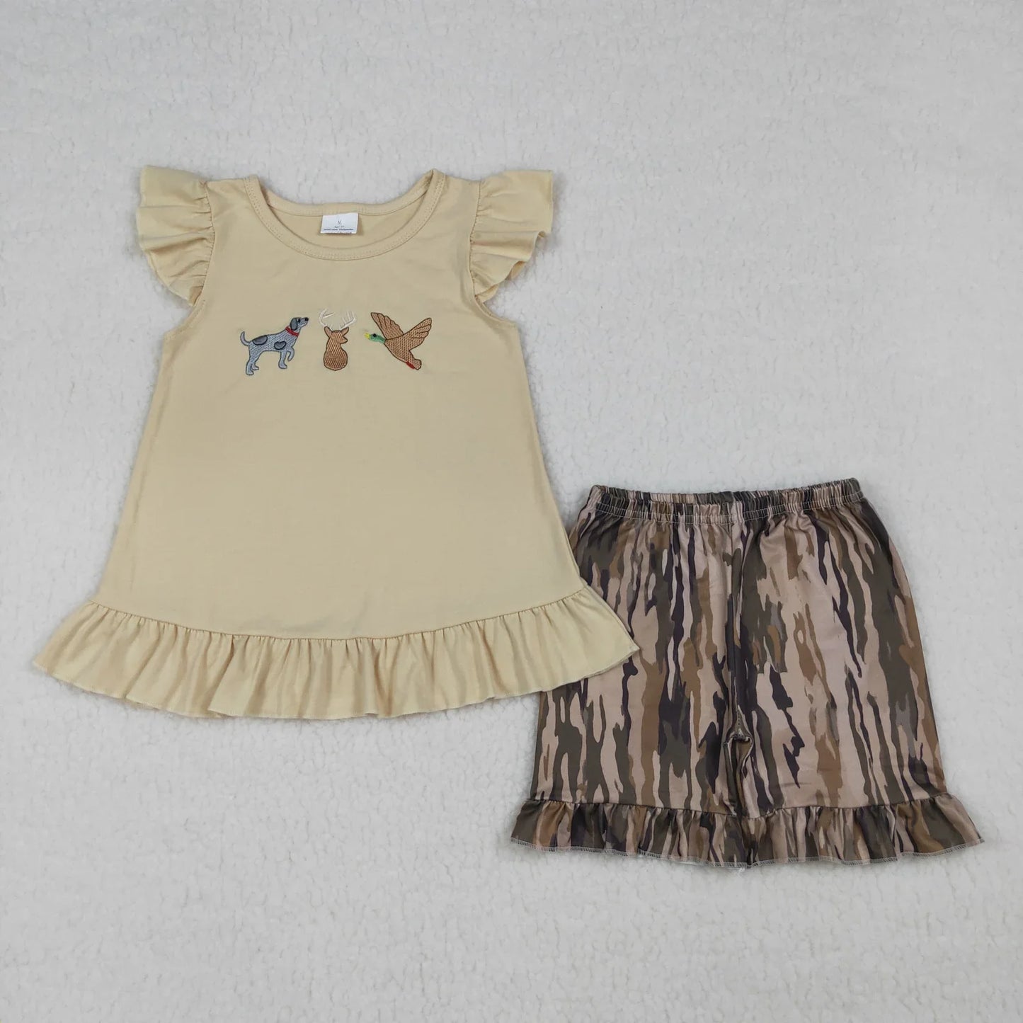 Sibling Baby Boys Girls Kids Short Sleeves Embroidery Deer Dogs Duck Tops Camo Pockets Shorts Sets