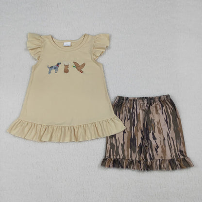 Sibling Baby Boys Girls Kids Short Sleeves Embroidery Deer Dogs Duck Tops Camo Pockets Shorts Sets