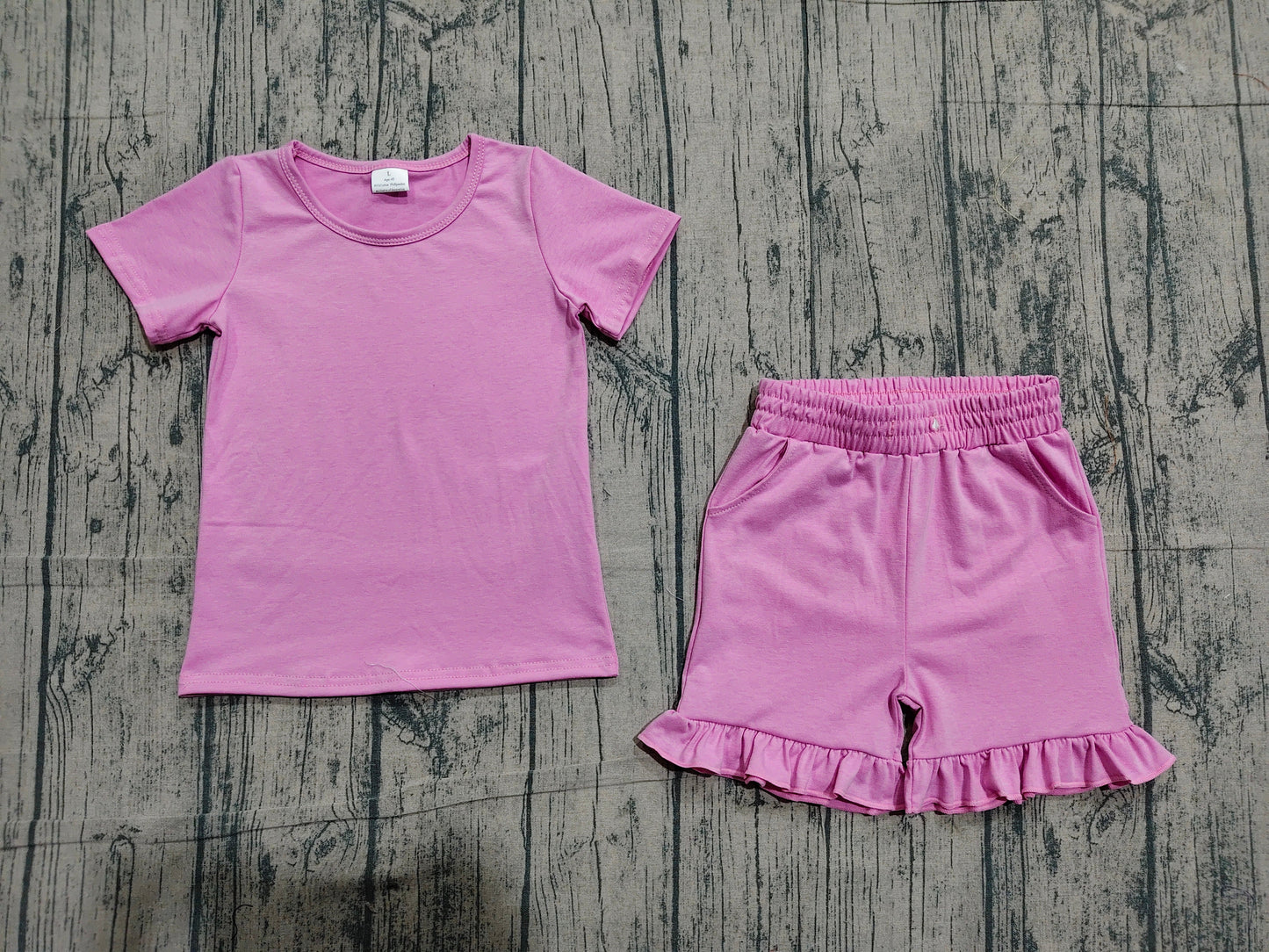Preorder Baby Girls Short Sleeves Pink Tops Ruffle Shorts Summer Clothes Set