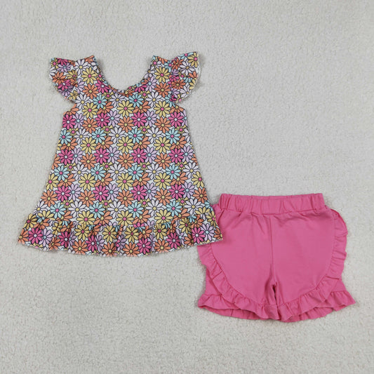 Sibling Baby Girls Kids Short Sleeves Flower Back Bow Tunic Shorts Set Romper Summer Clothes