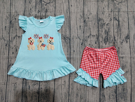 Preorder Baby Girls Kids Short Sleeves Embroidery Dogs Flags Tunic Red Plaid Shorts 4th of July Set