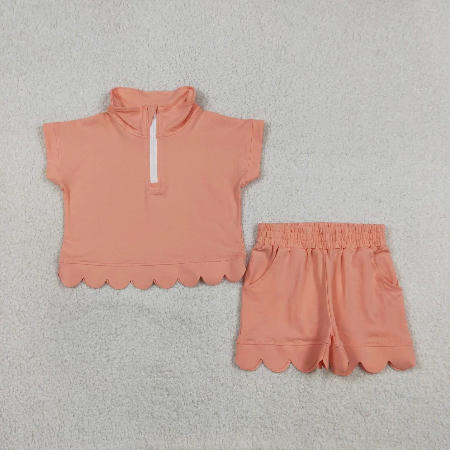 Sibling Baby Girls Kids Short Sleeves Zipper Shirts Scallop Shorts Cotton Sets Clothes