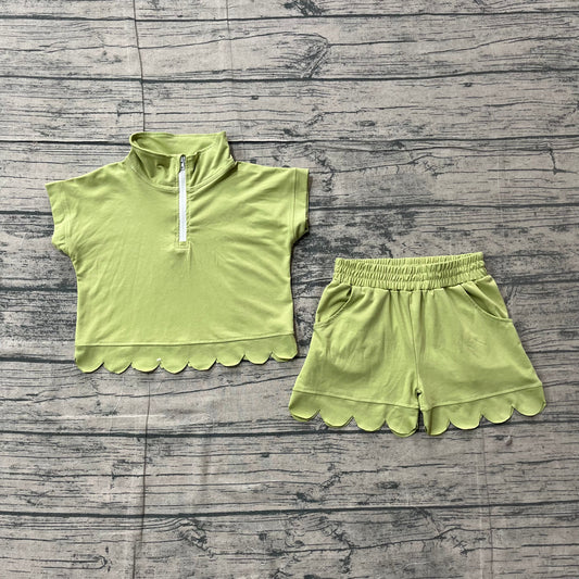 Preorder Baby Girls Kids Green Short Sleeves Zipper Shirt Scallop Shorts Set