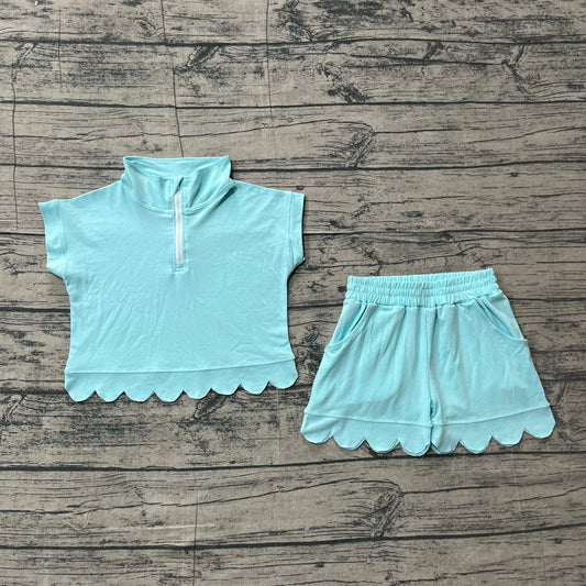 Preorder Baby Girls Kids Short Sleeves Zipper Shirt Scallop Shorts Blue Green Set