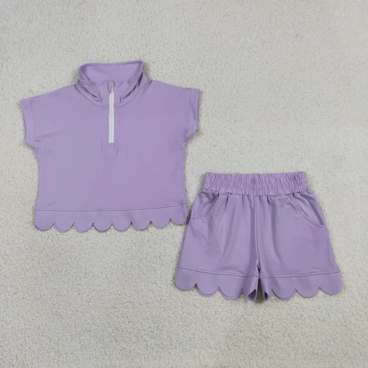 Sibling Baby Girls Kids Short Sleeves Zipper Shirts Scallop Shorts Cotton Sets Clothes