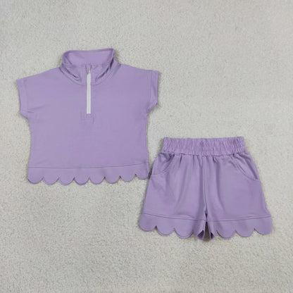 Sibling Baby Girls Kids Short Sleeves Zipper Shirts Scallop Shorts Cotton Sets Clothes