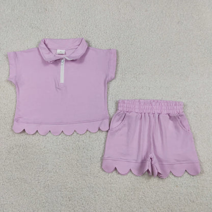 Sibling Baby Girls Kids Short Sleeves Zipper Shirts Scallop Shorts Cotton Sets Clothes