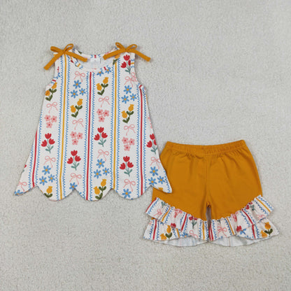 RTS Sibling Baby Girls Kids Bows Flower Scallop Tops Ruffle Shorts Summer Sets Clothes