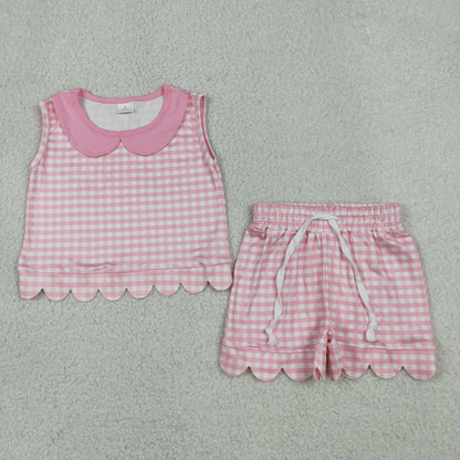 Sibling Baby Girls Kids Sleeveless Scallop Shirts Pockets Shorts Plaid Sets Clothes